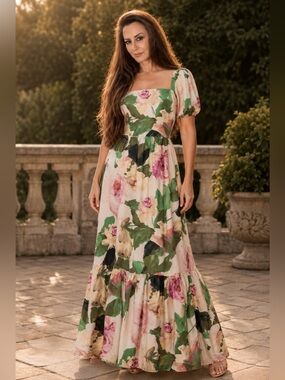 NWOT Sz L Express Floral Puff-Sleeve Maxi Dress in Cream, Green and Pink